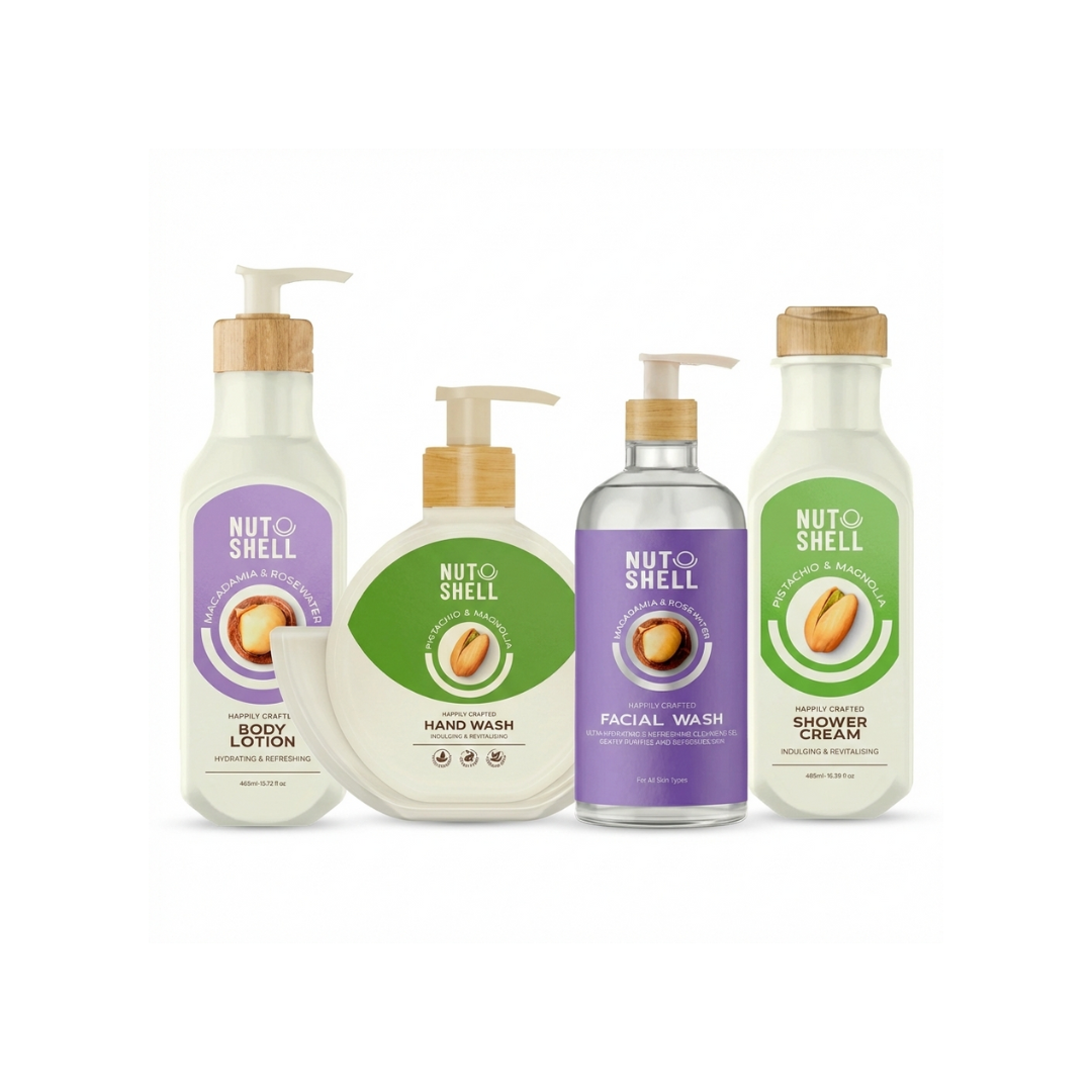 Set of Nut Shell skincare products including lotion, hand wash, facial wash, and shower cream on a white background.